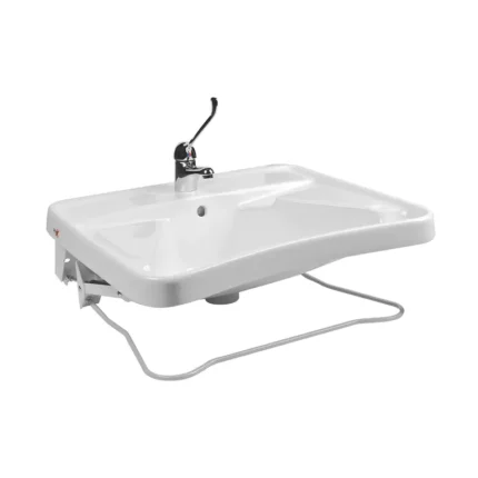 Ensemble lavabo PMR en céramique avec console de réglage en hauteur pneumatique et barre frontale chromée.