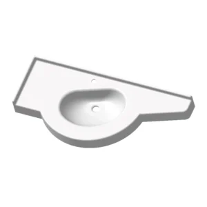 Plan vasque d'angle PMR Fes 120cm suspendu en composite blanc haute résistance pour collectivités et ERP.