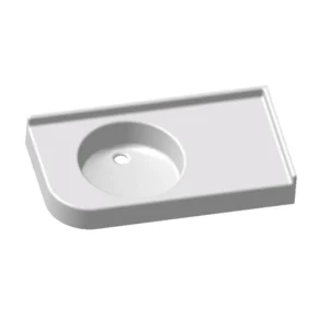 Plan vasque d'angle PMR Bodrum 86cm en composite blanc antibactérien pour centres hospitaliers et hôtellerie.
