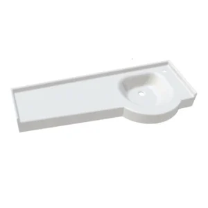 Plan vasque d'angle PMR Casablanca 120cm en composite blanc antibactérien pour hôpitaux et hôtels.