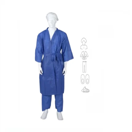 kit ambulatoire adulte hôpital 5 pièces SMS peignoir pantalon chaussons sur-chaussures charlotte