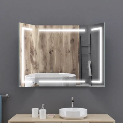 miroir LED triptyque 80x100 cm antibuée touch sensor variateur cadre aluminium professionnel hôtel